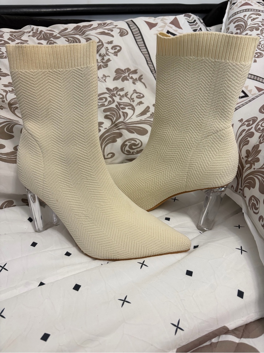 Cream Knit Sock Booties with Clear Block Heel - Women